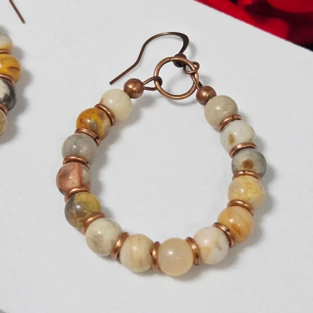 Natural Stone Beaded Hoop Earrings | Earth Tone Boho Dangles Natural Festival
